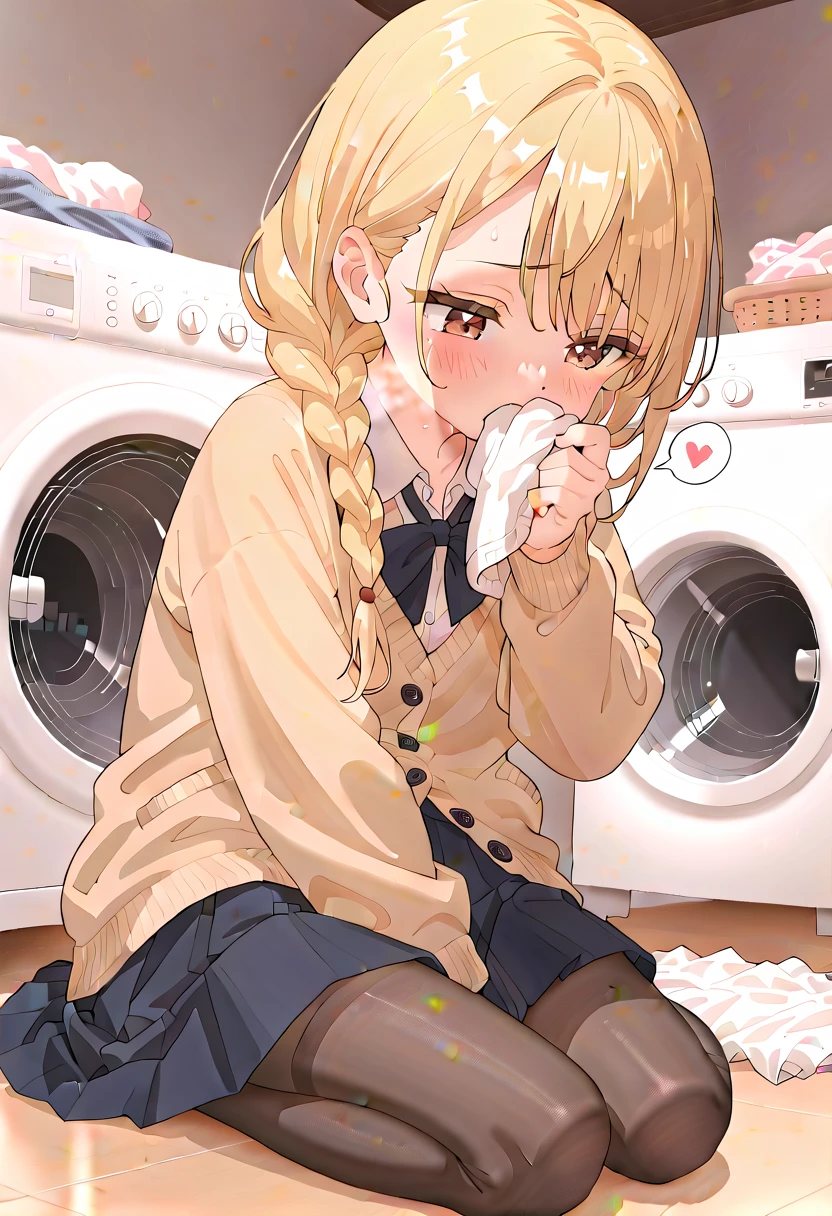 (masterpiece,beautiful,hughres,CG,8k,16k,best quality,high-resolution,detailed fingers,detailed hands,detailed legs,detailed eyes:1.5),anime,source anime,illustration,panties focus,1girl,solo,(indoors, washing machine ,laundry basket:1.5),(on floor:1.2),(blonde hair:1,5),(braided hair,twintails:1.5),(school uniform,white shirt,cardigan,black tights,pleated skirt,black skirt:1.3),(white panties:1.6),small breasts,sitting,(smelling black panties,smelling,kunka:1.4),covering mouth,(skirt tug:1.4),(m legs,folded:1.4),(female orgasm,pussy juice:1.3),(trembling:1.4),(gasping,heavy breathing,blush:1.5),(impatience1.1),flustered,(fidgeting around:1.4),(steam:1.2),(sweat skin:1.4),(streaming tears:1.2),drooling,looking away,(looking down:1.4),(spoken heart:1.2),(narrow one's eyes:1.6)