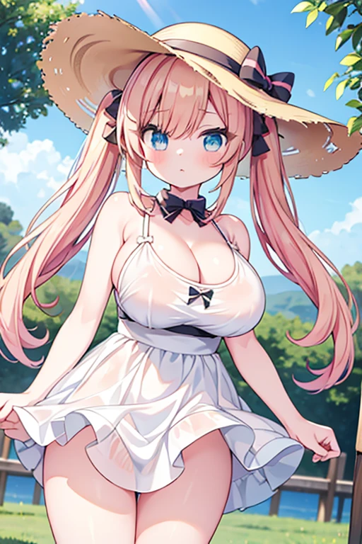 Highest quality,masterpiece,8k,Anime Style,Blondehair,pinkhair with blue eyes、camisole、race,White camisole dress micromini skirt,Cleavage,Side view,Large Breast,NSFW, Twin tails、Cute eyes,Sun hat(Sun hat),Japan daytime,Smooth thighs,Accentuate your breasts,glamorous,Sideboob