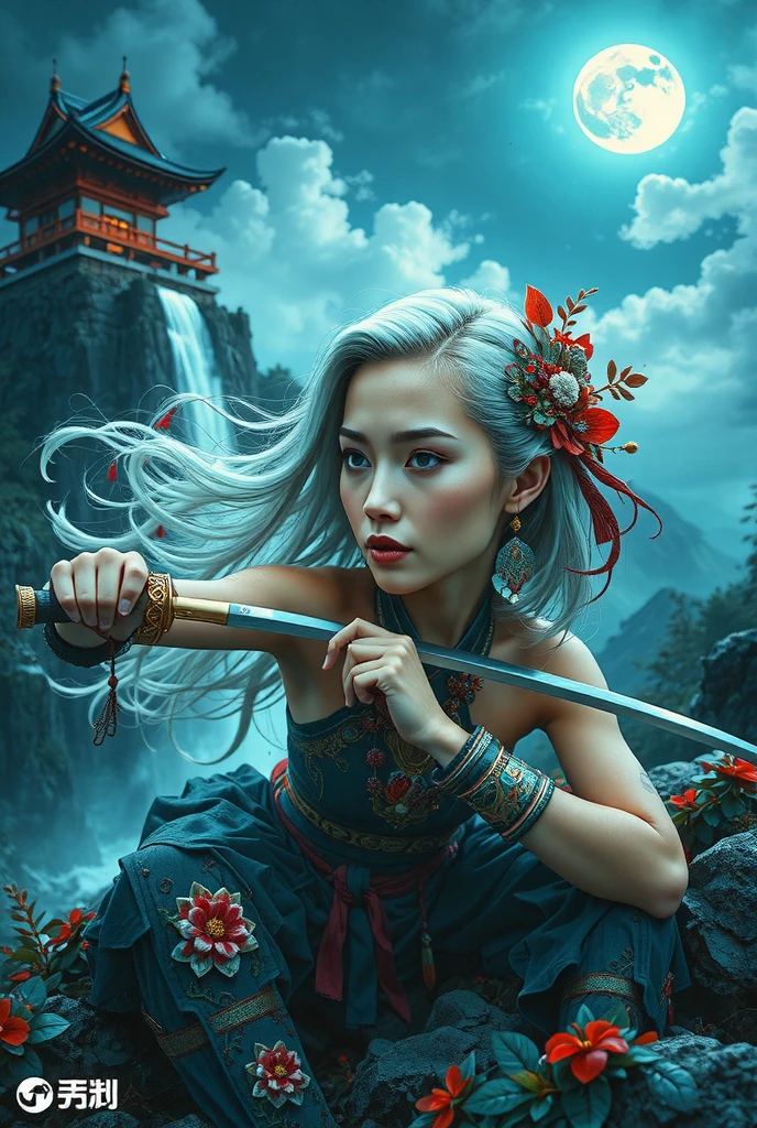 Front view, (Exposing her face), Top quality, Expressive eyes, Perfect face, Japanese female samurai warrior, Katana in left hand, Half-naked, Steel bracelet, Silver bracelet, Bronze belt, Exposed breasts, Beautiful vagina, Vagina with small soft hairs, Woman with very long hair moved by the wind, Night light, Cloudy, Dark clouds with lightning, Mountains, waterfall, Waterfall coming out of the cliff, Beautiful samurai warrior goddess, Fantasy, Served, Skin wet with sweat, Red and panting face, Provocative gaze, Sexy pose, Full body faith******, No panties, No underwear, Skin wet with water, Stormy sky, Red storm clouds, Waterfall, Torch light, No panties, Naked body, Majestic, Sense of depth, Expressive eyes, Perfect face, 8K, (Female: 1.5), Elegant and flexible (Athletic complexion: 1.5), Emerald Eyes: 1.5), Silver Hair (Vibrant: 1.5), UHD, HDR, Cinematic Image, Intricate Details, Ultra-Realism, Teal Hues, Luxurious Atmosphere, Full Layer, Shocking Image, IMAX, Cinematic, Award-Winning Cinematography, Complex, Low Aperture (F1. 2), Dramatic lucidity, Cinematic composition, Professional, Eroticism, Tenshu castle embedded in the mountain, Night sky, Full moon, 1 girl, 18 years old, (Spread legs), Pink lips, Well-lit, Pretty and aesthetic: 1,2), (1 girl), Installation design, (Fractal art: 1.3), Colored, More detailed, Beautiful goddess, Caucasian girl with bright silver hair, Naked body, Viridian tone colors, Metallic colors, Enamel colors, Long white hair, Art style, Sakimichan art style, NSFW, Running and dodging, Fighting pose, Beautiful female warrior in combat, Front view, Girl seen from the war front, Naked woman, Nice butt, Round ass, Fighting expression, Evil smile, Open mouth, Delicate and perfect body, Digital painting,