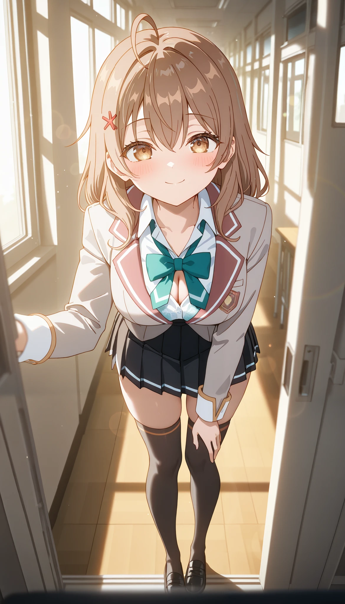 ),maria mikhailovna kujou_(roshidere),blurry foreground,ray tracing,lens flare,cinematic lighting,absurdres,1girl,brown hair,ahoge, red ornament on hair,brown eyes,smile,blush,thighs,legs,looking at viewer,standing in front of the window in the class,lean forward,in classroom,school uniform,white shirt,collared shirt,jacket,long sleeves,grey blazer,green bowtie,black skirt,pleated skirt,knee-high socks,black shoes,perfect body,from front, giving a peek of her cleavage,bra, masterpiece,best quality,newest,