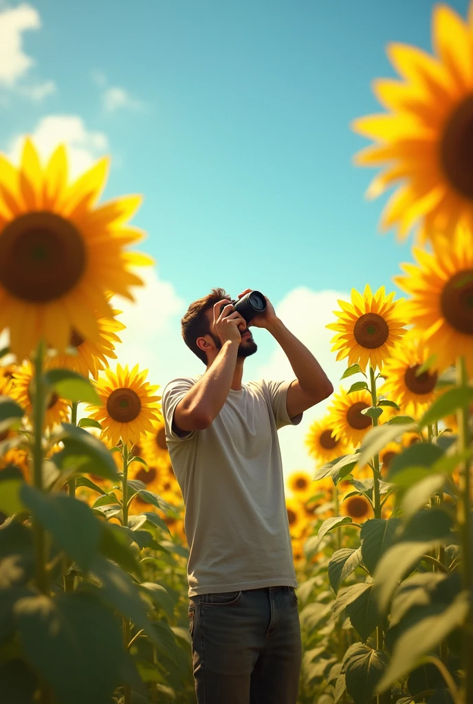 sunflower field water reflecting sun and human man putting sunscreen on skin
