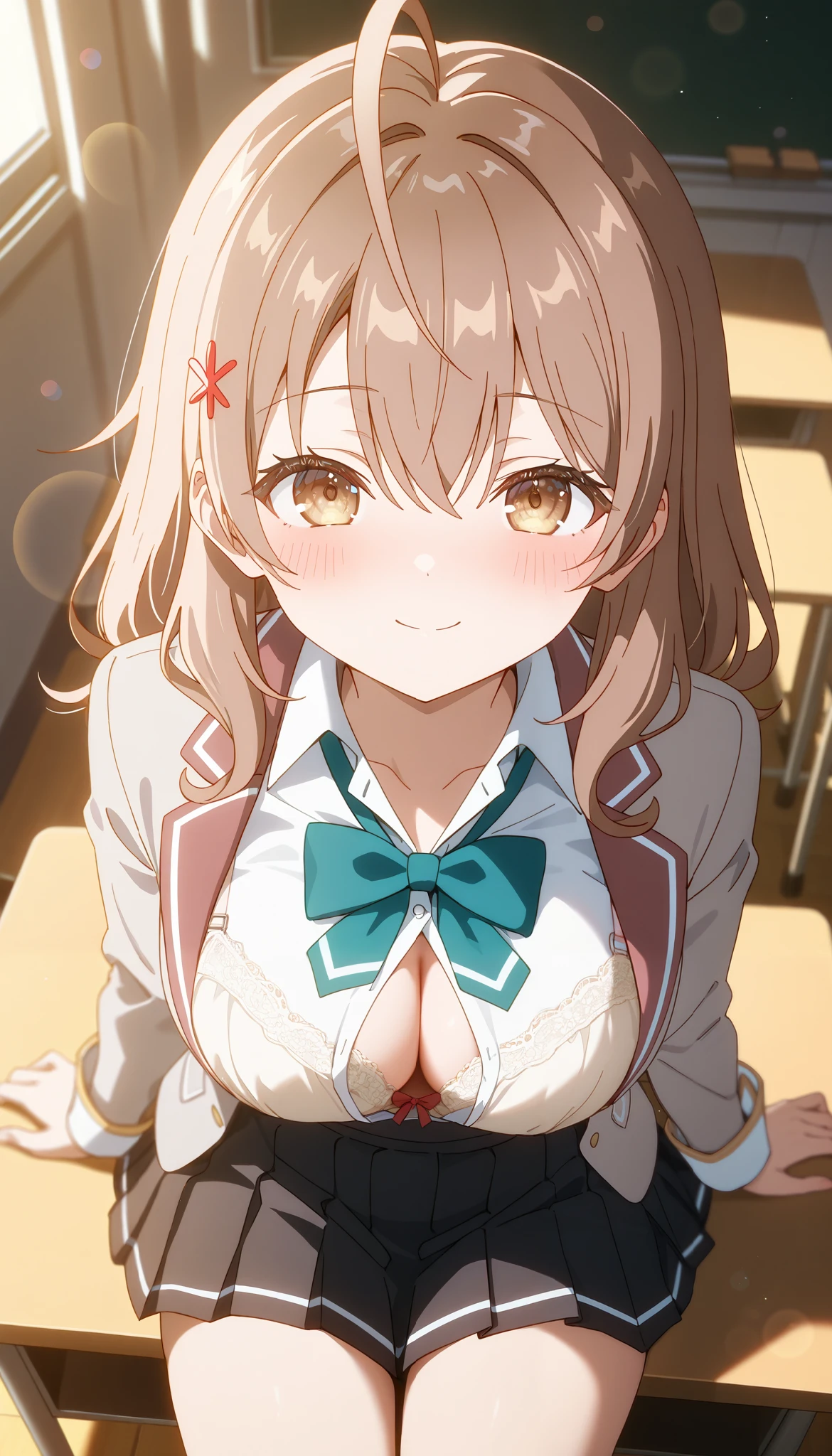 ),maria mikhailovna kujou_(roshidere),blurry foreground,ray tracing,lens flare,cinematic lighting,absurdres,1girl,brown hair,ahoge, red ornament on hair,brown eyes,smile,blush,thighs,looking at viewer, sitting on desk,in classroom,school uniform,white shirt,collared shirt, unbottoned shirt, open front shirt ,jacket,long sleeves,grey blazer,green bowtie,black skirt,pleated skirt,knee-high stocks,perfect body,cleavage,giving a peek of her bra,bra revealed,view from above,masterpiece,best quality,newest,