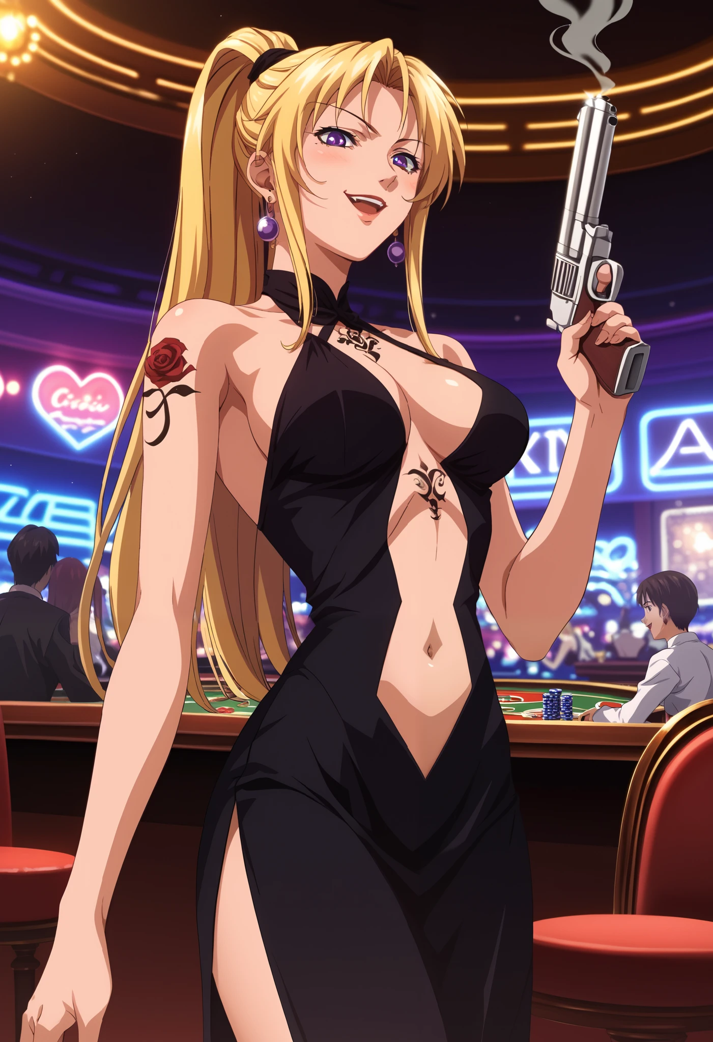 looking at viewer,evil smile,shaded_face,parted lips,looking down,
solo,KaoriSaeki,1girl,blonde hair,ponytail,purple eyes,
, ear piercing, long hair, blush, lipstick,Hot girl, baddie, smoking, sensual, attractive ,bar
background, inside bar,indoors, cityscape, casino, nightclub, city lights, masterpiece, best quality, highly detailed, a anime girls in long dress with navel cutout posing for a
picture, evil smile, smile, open mouth, (nsfw) not safe for work, revealing dress, beautiful dress center
opening , long dress with bellybutton showing, ecchi anime style, anime girls, ecchi style, ecchi, digital
anime art!!, in anime style, official artwork, visual novel cg, beautiful anime girl, anime style 4 k, exposed
navel, exposed bellybutton, jewelry, earrings, complex detailed background, casino environment, fancy
interior environment, rich interior, holding a gun, holding pistol, ,, dragon tattoo , tattoo midriff, rose tattoo, shiny skin, open
arms sideway, arms T-pose, smirk, standing, anime girl T posing