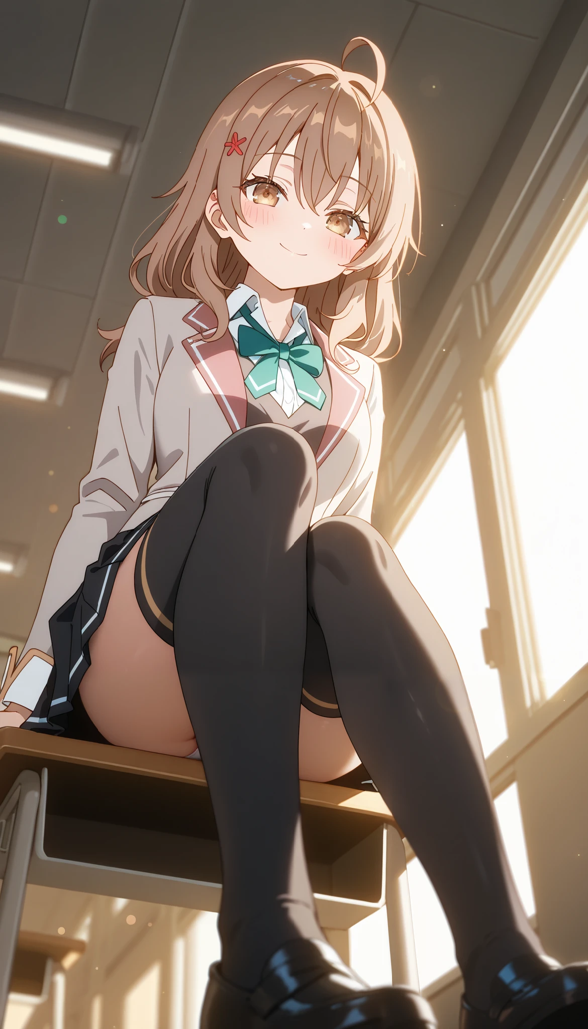 ),maria mikhailovna kujou_(roshidere),blurry foreground,ray tracing,lens flare,cinematic lighting,absurdres,1girl,brown hair,ahoge, red ornament on hair,brown eyes,smile,blush,thighs,legs,looking at viewer, sitting on desk,in classroom,school uniform,white shirt,collared shirt,jacket,long sleeves,grey blazer,green bowtie,black skirt,pleated skirt,knee-high socks,black shoes,perfect body,from front, giving a peek of her panties,view from below,low angle shot, masterpiece,best quality,newest,