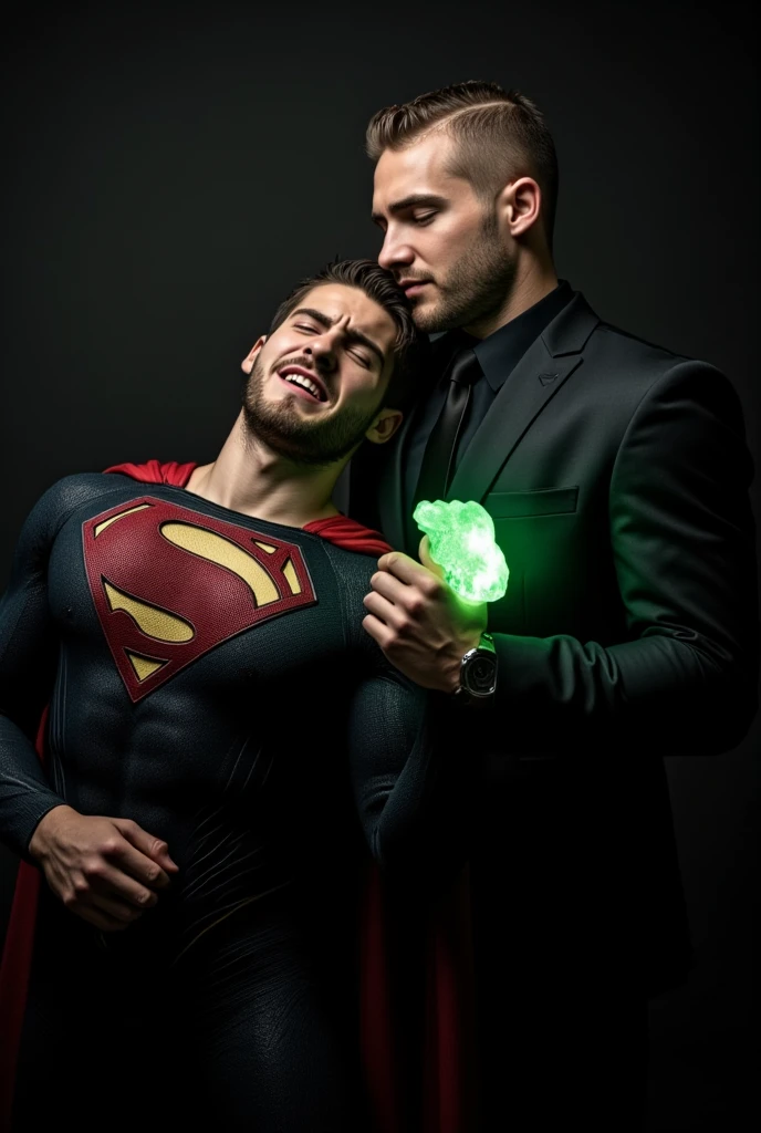 muscular attractive Nicholas Alexander Chavez with an undercut haircut combed back, short beard, shirtless, wearing a tattered and torn Superman suit, is chest displays the iconic "S" symbol. Superman's traditional red cape is present, attached to the shoulder and flowing behind him, dark red boots, lies on the floor leaning against a wall, sore, with one hand on the chest, with his mouth slightly open and his eyes closed, he appears weak and in pain. Expression of pain. Standing next to Superman is a bald man, dressed in a dark suit, The bald man holds a bright green crystal in his hand near Superman's face
