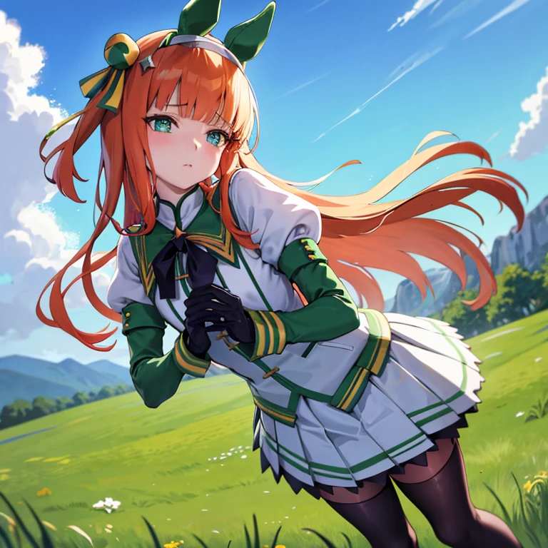 横になる女の子, 眼を瞑る, silencesuzuka, green eyes, horse tail, ear covers, puffy sleeves, short over long sleeves, black gloves, white skirt, 黒のパンティストッキング, (short height, small breast), outdoors, grassy field, blue sky and clouds