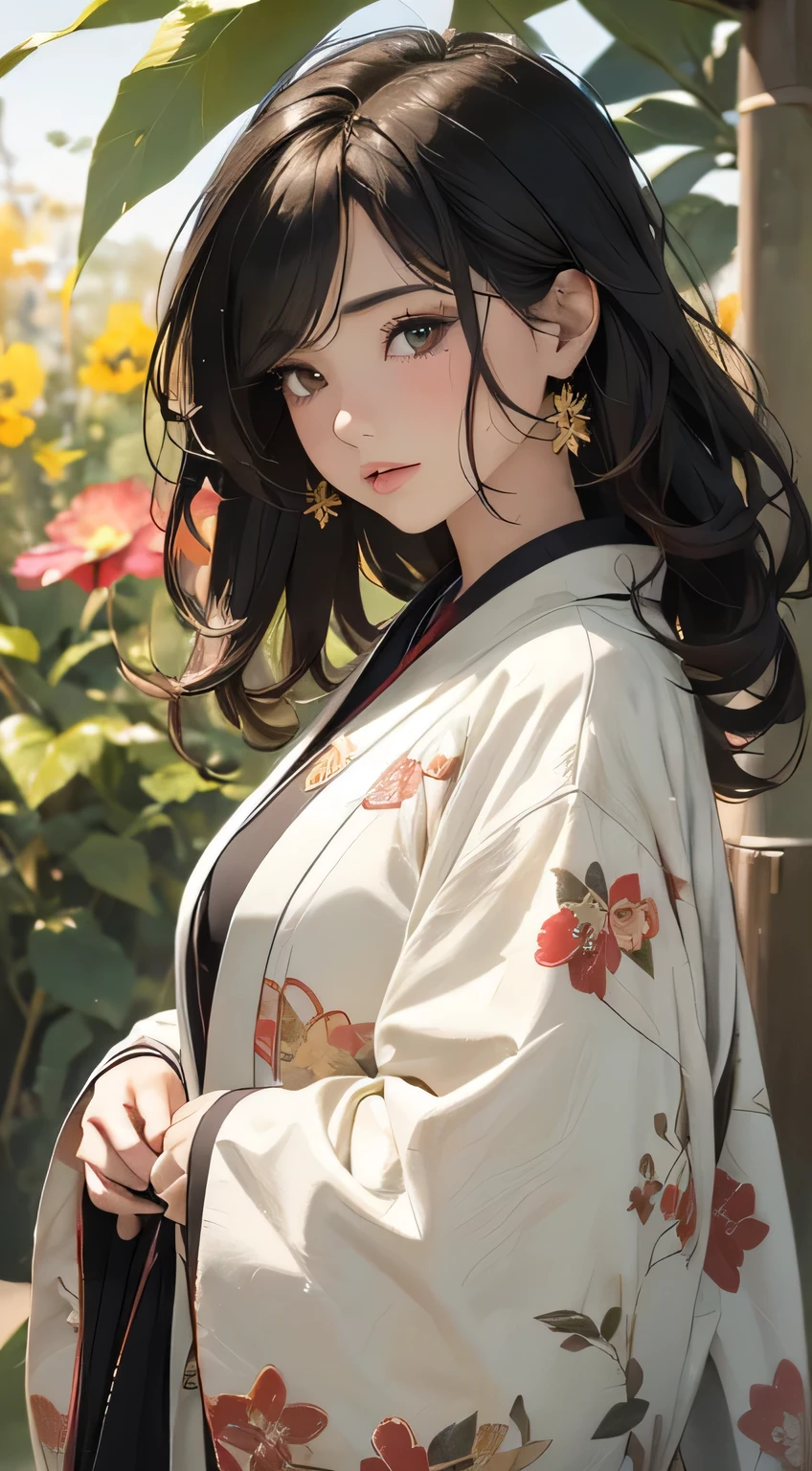 ((Highly detailed CG unit 8K wallpaper, masterpiece, high res, top quality , top quality のリアルテクスチャスキン)), ( Extremely Beautiful and Attractive Women , plump lips , upper body, put your hands in your pocket :1.5, Japanese pattern micro mini shorts:1.2, Japanese patterned haori coat:1.2), ( dark-haired, hair is disheveled, of white skin, Great tit), (( colorful background, Warm colors)), ( surrealistic, digital paint),