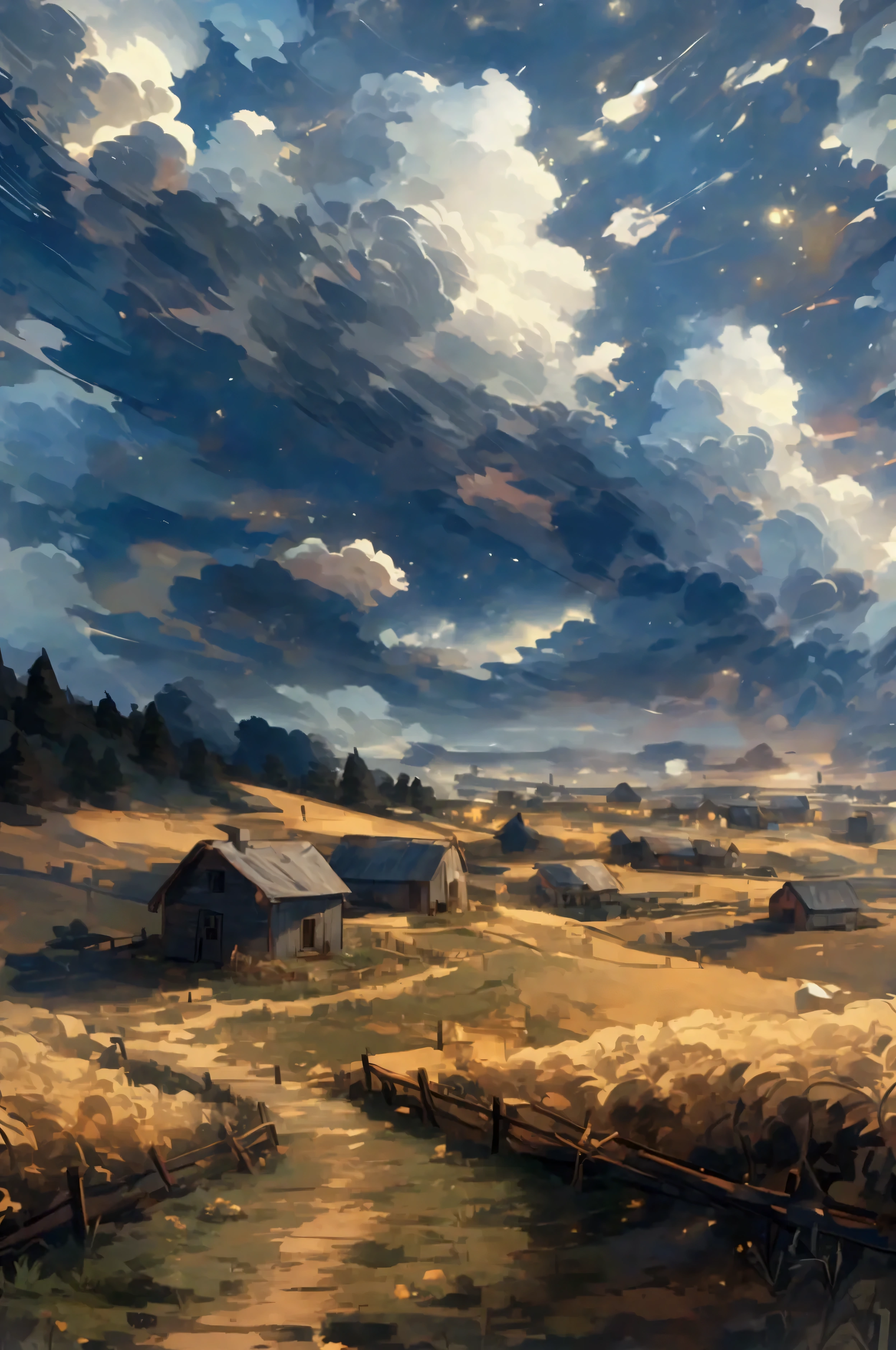 beautifull farm village at night, simple wodden houses, very dark and triste atmosphere, wide plains around it, gray fluffy clouds, beautiful, amazing details