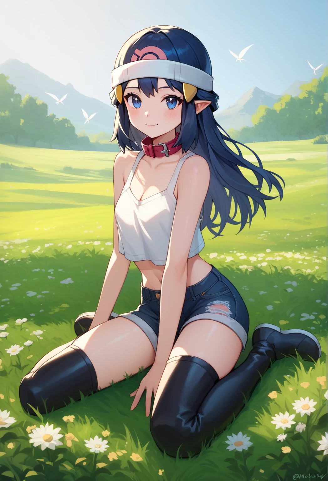 full body image, masterpiece, Best Quality, 1 girl, dawn \(Pokémon\), by the wide, For the blue,piercing blue eyes,well endowed,tall, beautiful,pointy elven ears with slight red, collar, sleeveless shirt, stylish, collar, cleavage, exposed midriff & shoulders, miniskirt, stylish thigh high stylish boots, seductive smile with blush, looking at the viewer, field background,sexy.