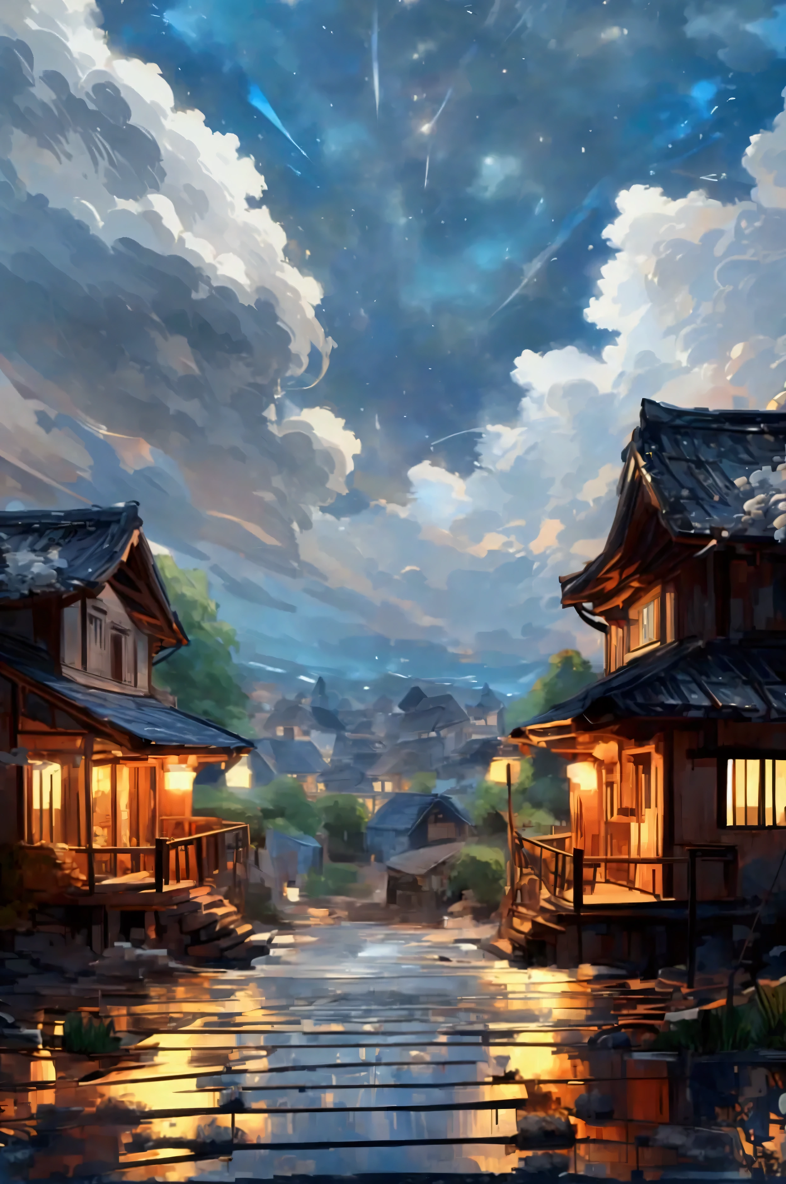 beautifull small village at night, simple wodden houses, dark atmosphere, wide plains around it, gray fluffy clouds, beautiful, amazing details, night