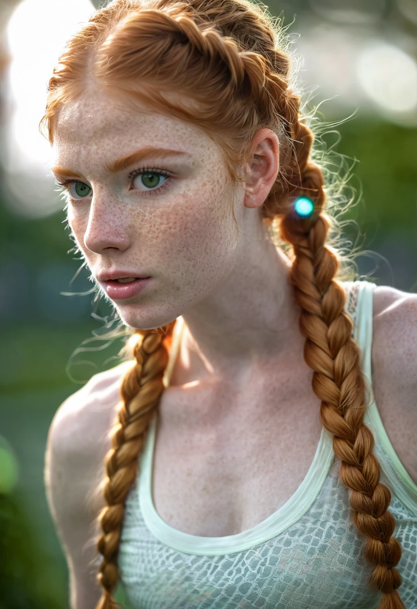1girl, solo, female, beautiful, ginger, redhead, long hair, looking at viewer, blue eyes, blonde hair, simple background, braid, parted lips, teeth, twin braids, lips, eyelashes, blue background, portrait, freckles, realistic, nose masterpiece, best quality, high resolution, 8k, sharp focus, ultra detailed, full body
(high quality beautiful detailed eyes)