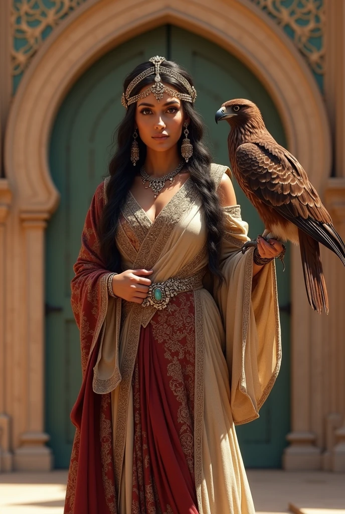a beautiful arabic woman holding an eagle, detailed face, detailed eyes, long eyelashes, beautiful lips, golden jewelry, ornate headpiece, intricate embroidered clothing, flowing fabric, desert landscape, warm lighting, photorealistic, highly detailed, cinematic, dramatic, vast desert background