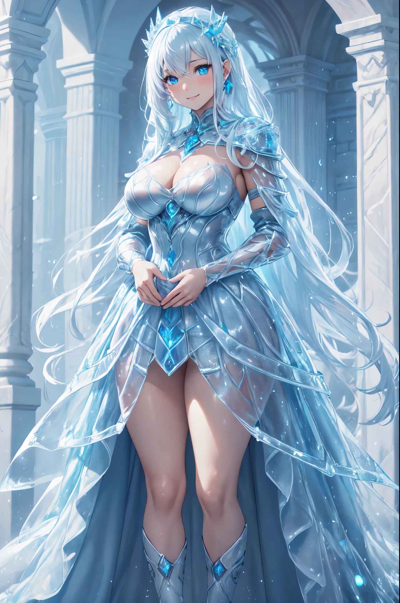 (High quality, High resolution, Fine details), Castle of Ice, ice armor, ic34rmor, ice, Standing, solo, curvy adult women, sparkling eyes, (Detailed eyes:1.2), smile, blush, Oily skin, Full Body Portrait, Soft tones, shallow depth of field