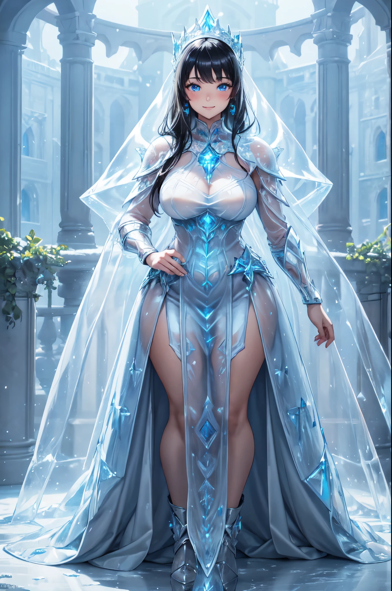 (High quality, High resolution, Fine details), Castle of Ice, ice armor, ic34rmor, ice, Standing, solo, curvy adult women, black hair, sparkling eyes, (Detailed eyes:1.2), smile, blush, Oily skin, Full Body Portrait, Soft tones, shallow depth of field