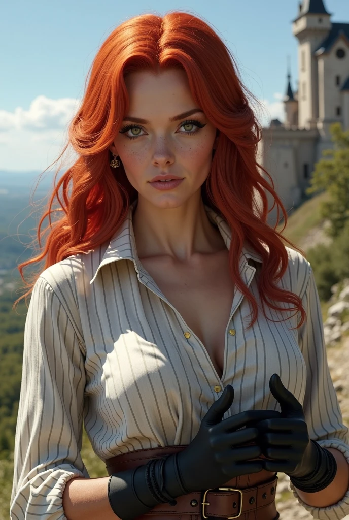 just a red-haired 17 year old witch with green eyes and an athletic body with slightly body-hugging sexy medieval clothing along with an Irish wolfhound against the backdrop of a medieval city