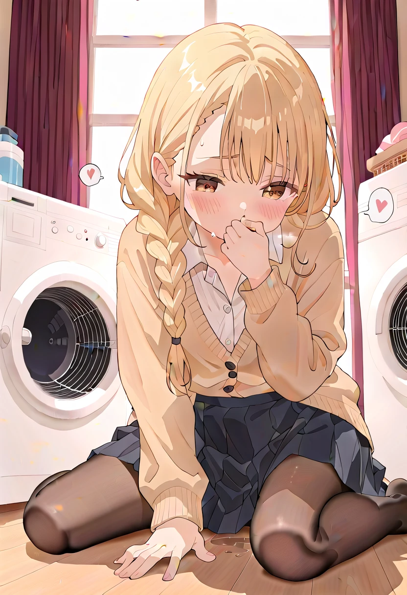 (masterpiece,beautiful,hughres,CG,8k,16k,best quality,high-resolution,detailed fingers,detailed hands,detailed legs,detailed eyes:1.5),anime,source anime,illustration,panties focus,1girl,solo,(indoors:1.5),(washing machine ,laundry basket:1.2),(on floor:1.2),(blonde hair:1,5),(braided hair,twintails:1.5),(school uniform,white shirt,cardigan,black tights,pleated skirt,black skirt:1.3),(white panties:1.6),small breasts,sitting,(smelling black pants,smelling,kunka:1.4),covering mouth,(skirt tug:1.5),(m legs,folded:1.4),(female orgasm,pussy juice:1.3),(trembling:1.4),(gasping,heavy breathing,blush:1.5),(impatience1.1),flustered,(fidgeting around:1.4),(steam:1.2),(sweat skin:1.4),(streaming tears:1.2),drooling,looking away,(looking down:1.4),(spoken heart:1.2),(narrow one's eyes:1.6)