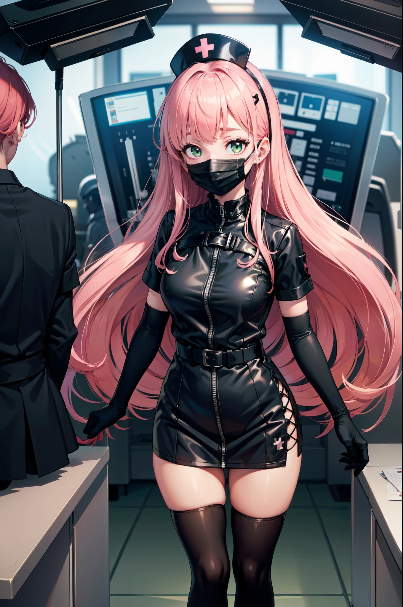 black nurse, 1 girl, alone, black nurse cap, Blackware, ((black legwear, zettai ryouiki)), black elbow gloves, pink hair, green eyes, droopy eyes, ((black surgical mask, covered nose)), Are standing, ((operating room)), sharp outline, short sleeve, highest quality, masterpiece