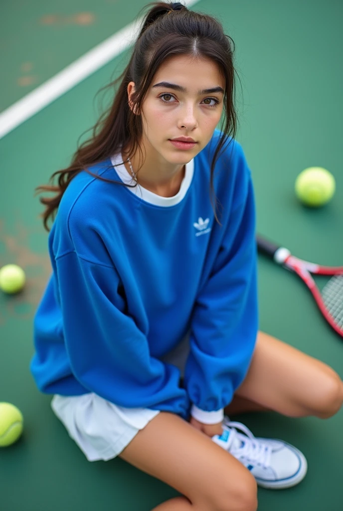 a naked brunette girl, blue eyes, girl in a hoodie and sneakers on a tennis court, beautiful detailed eyes, beautiful detailed lips, extremely detailed eyes and face, long eyelashes, hyper realistic, cinematic lighting, 8k, photorealistic, studio lighting, bokeh, sharp focus, physically-based rendering, masterpiece, ultra-detailed, vibrant colors, natural lighting