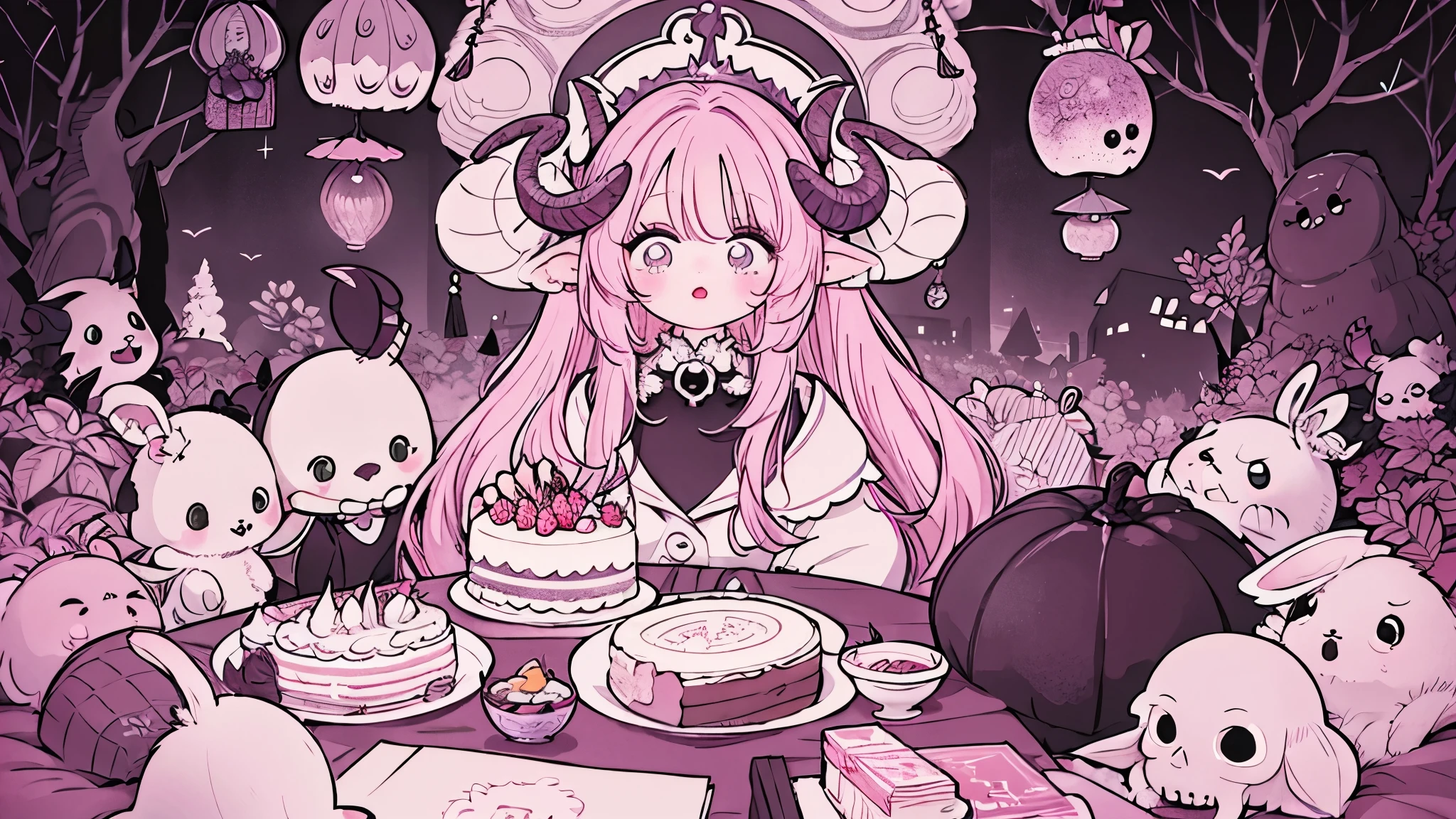 official art, unity 8k wallpaper, ultra detailed, beautiful and aesthetic, High quality, beautiful, masterpiece, best quality, (zentangle, mandala, tangle, entangle:0.6), flat color, limited palette, low contrast, a cute girl serving cake to demons, pink, bright pastel colors, kawaii, (horror), eerie, rabbit skull, goat skull, in hell, creepy, demons, claws, best lighting