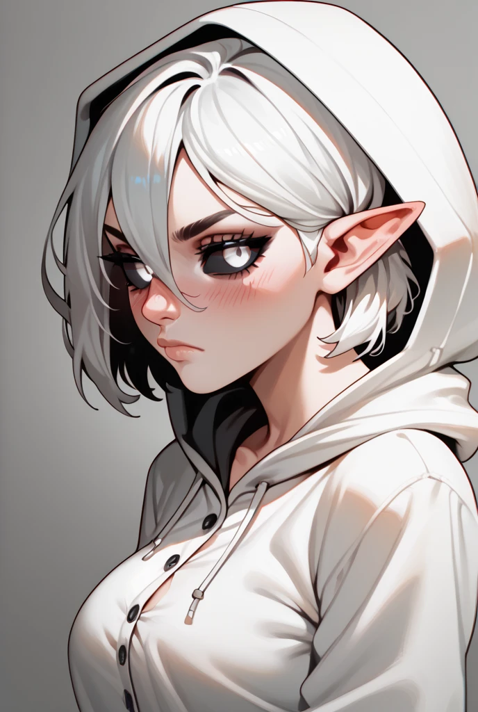  a girl, Alone,  short hair, cabello blanco,  Hair between eyes, breasts,  pointy ears , blush,  Closed mouth ,  Frowns, Eye ring, white eyes,  From the Side , hood, black sclera, Skin blue, Black and white pajamas, 