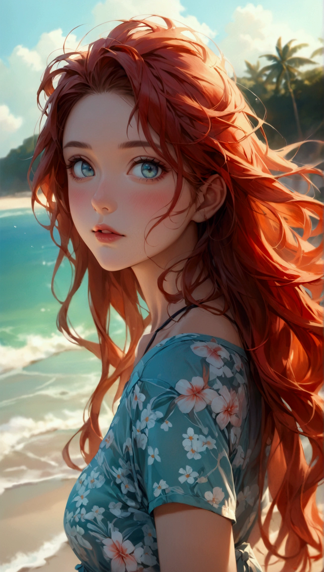 (best quality,ultra-detailed,photo-realistic:1.37), A full-body cinematic shot from below captures a young and cheerful Irish woman at leisure walking on the sandy shore. Under the blue sky with fluffy white clouds, her long wavy red hair is flowing in the ocean breeze, as she subtle looking back at the camera, giving the view a gentle blush. Her square face is adorned with pale-green slanted eyes, low cheek bones, Roman nose, square chin and glossy lips. Her cool-undertone fair complexity matches very well with her beach outfit featuring a gray t-shirt paired with a tiffany-blue bikini pants in floral print, accentuating her carefree moment at the beach. The shot is set against an aquamarine coastline in the evening overlooking the deep blue ocean, and tropical flora swaying in the gentle breeze. (full-body shot), (anatomically correct), (walking), (looking back the viewer), (from below), (square face, square chin, slanted eyes), intricate details, very fine, ((wide angle)), (gray t-shirt, bikini pants), vibrant colors