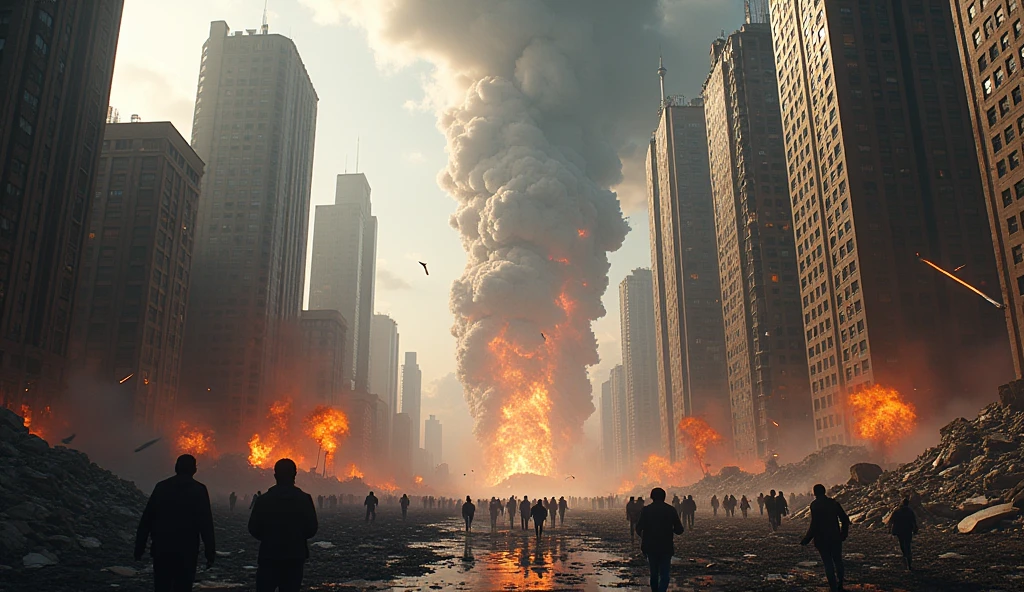 ((Epic, Cinematic)) saviors of humanity battling an alien invasion on a post-apocalyptic cityscape, their weapons firing explosive rounds, with debris and dust being kicked up by the chaos of battle.