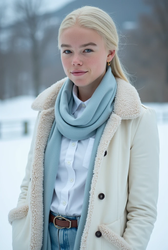 Milly Alcock, blonde ponytail, white cream winter sherpalined jacket,light blue scarf, white button down shirt 