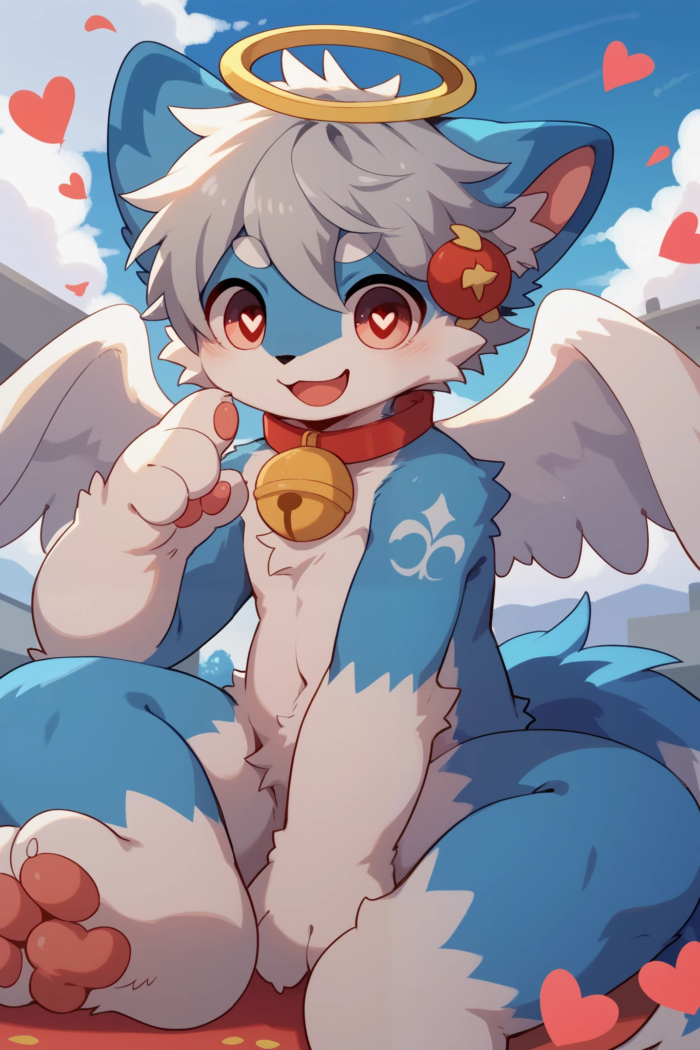     very detailedな,  very detailed,Blue fur,  gray hair,male,骨を見て  excited,Heart Eye,participate,  cute face,  sitting！,,  fluffy fur   ,   excited,Horny boy, angel,Beautiful sky,smile,Alone,Dropped ears,My mental age   ,want