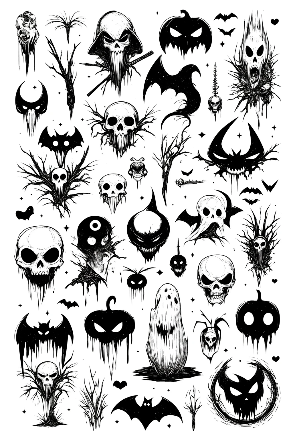  large collection of Halloween tattoos and symbols, Flash Sheet,  tattoo flash , sailor jerry  tattoo flash , mcbess, mcbess illustration, mcbess poster,  artwork, ink  artwork,  tattoo sketch ,  sticker illustration , Ink drawing,  tattoo graphic , graffiti, hd  artwork,  HD vector art , Retro line art,  line art illustration ,  tattoo design 