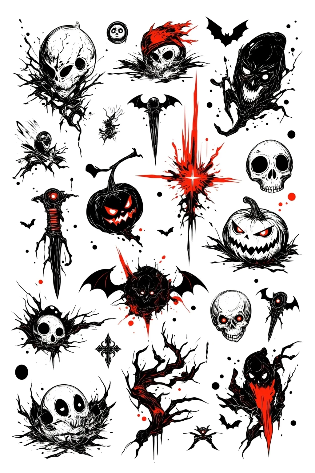  large collection of Halloween tattoos and symbols, Flash Sheet,  tattoo flash , sailor jerry  tattoo flash , mcbess, mcbess illustration, mcbess poster,  artwork, ink  artwork,  tattoo sketch ,  sticker illustration , Ink drawing,  tattoo graphic , graffiti, hd  artwork,  HD vector art , Retro line art,  line art illustration ,  tattoo design 