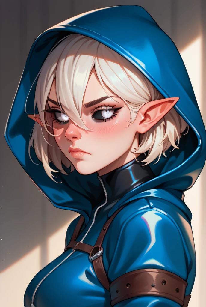  a girl, Alone,  short hair, cabello blanco,  Hair between eyes, breasts,  pointy ears , blush,  Closed mouth ,  Frowns, Eye ring, white eyes,  From the Side , hood, black sclera, Blue Leather