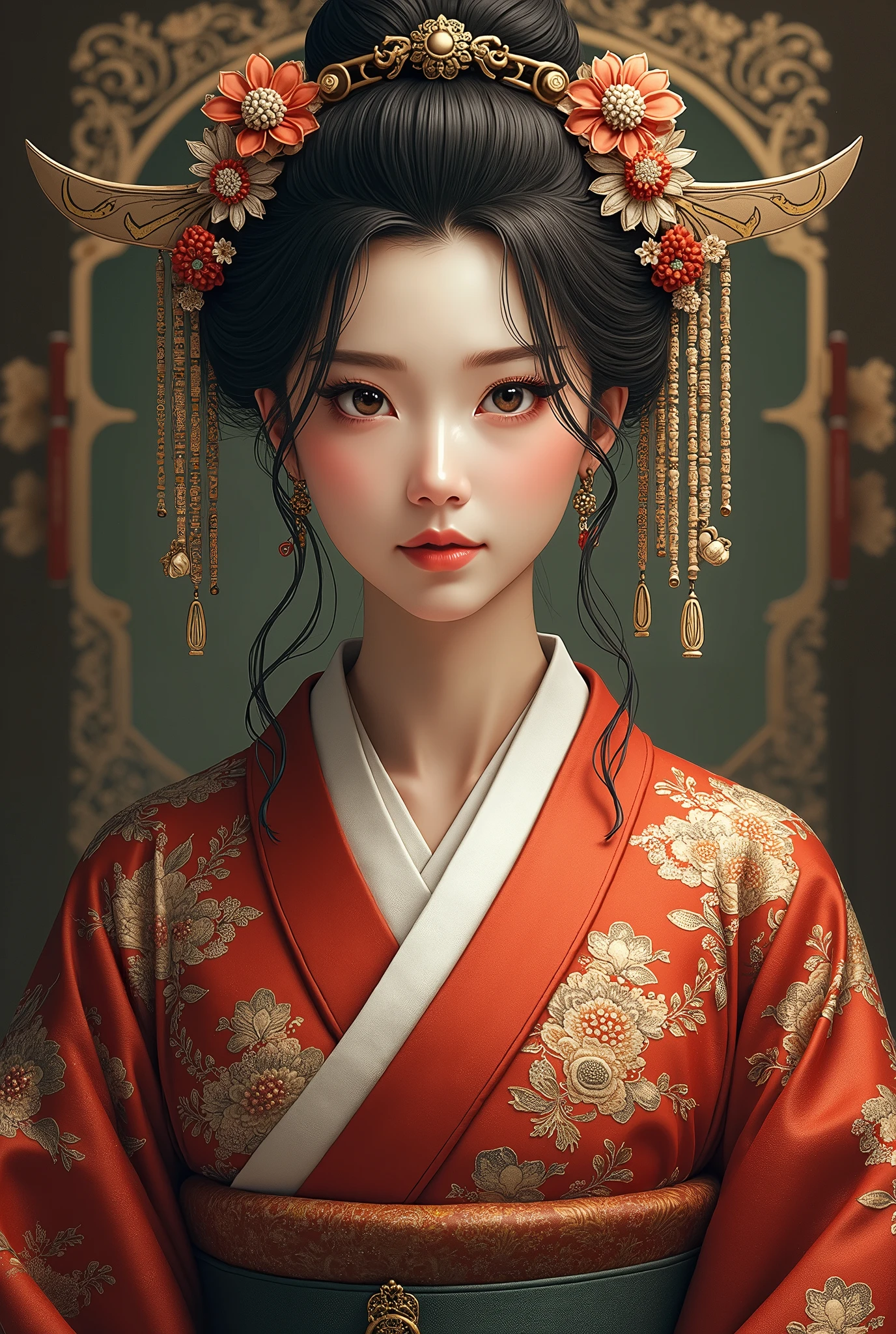 Stories from the Sengoku Period , Saito Dosan's daughter Nohime ,  is said to be very beautiful。Luxurious costumes and an elegant appearance,  high image quality, masterpiece, 