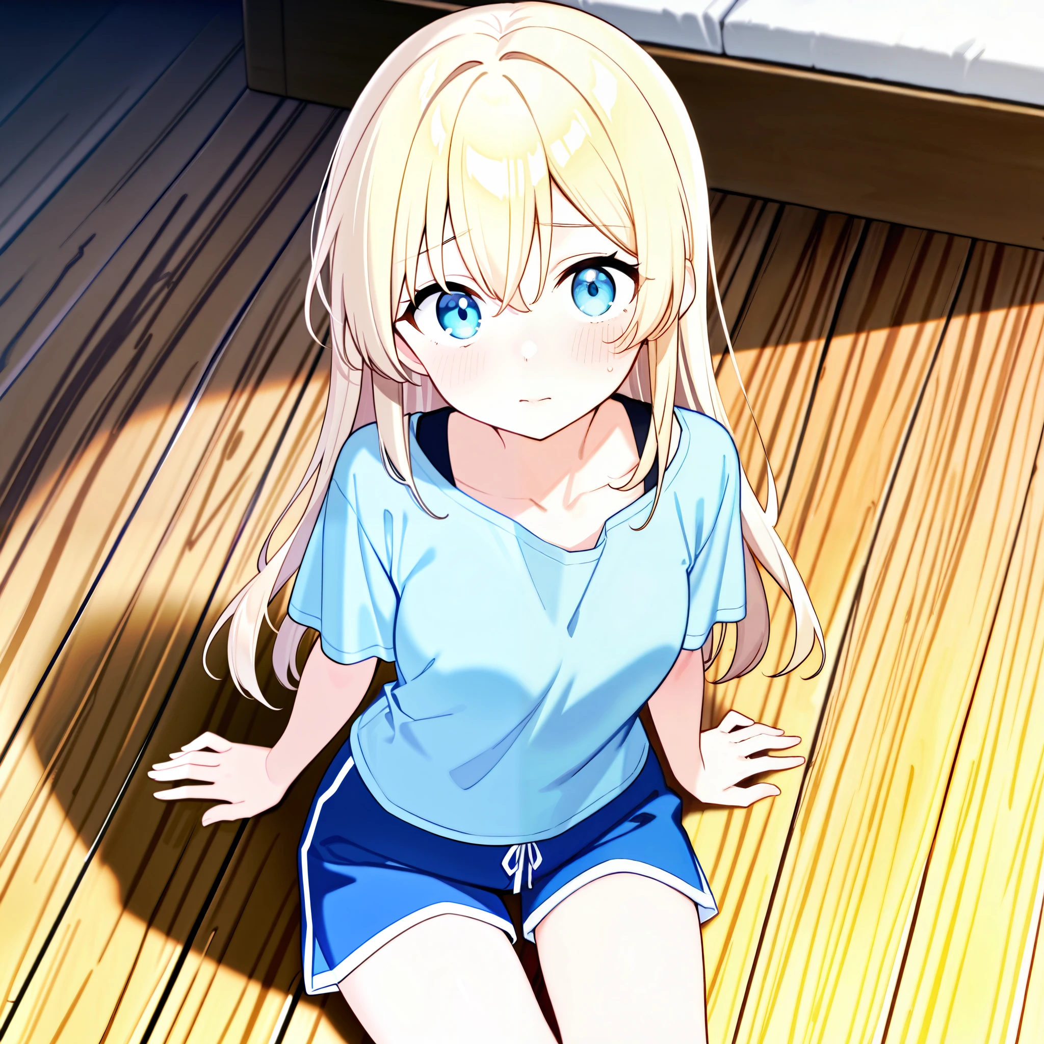 16 yr old, 1 girl, light blue shirt, blue shorts, blond long hair, deep blue eyes, cute, shy, surprised, sitting on a wooden floor, looking at viewer