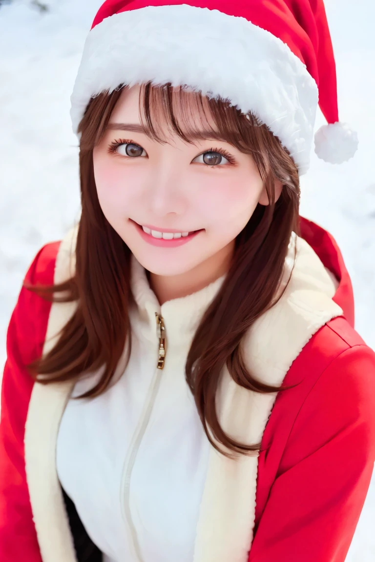   top quality  , ( beautiful)、 beautiful女性、solo、1 person、Precision Eyes、  medium hair 、 small breasts、 upper body、 smiles、 Santa hat 、Snow Scene、red down coat、Shoot from above