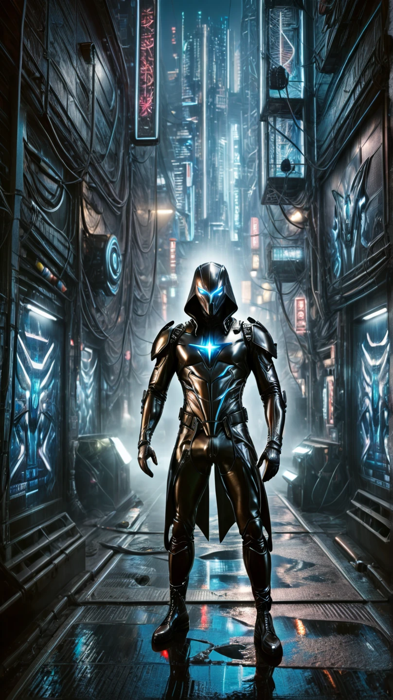 A full-body image of a muscular adult male.black leather full-body image 、and hood, a hooded person in invisible armor . wears leather armor, Tights.epic ninja suit, rogue.Leather fit to cover the whole body. smooth leather .Boy Teenage Assassin , stealth suit , cyberpunk assassin , stand on the roof of a skyscraper. . black night . Dark atmosphere .Low light.Weak lights cast dramatic shadows. Weird cyberpunk atmosphere . cyberpunk city.Futuristic tech style,robot,mecha skin,latex bodysuit .whole body image.Handheld composite mechanical giant bow.full body photo
