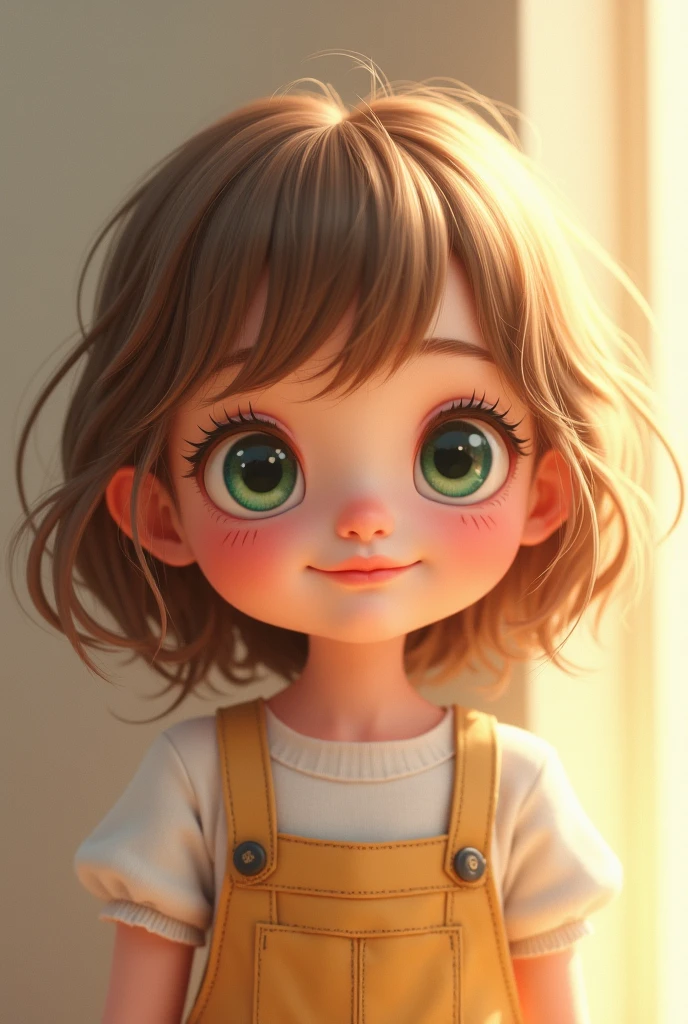 Here's a portrait of a 15-year-old teenager with short, shoulder-length hair, Wavy and with bangs that reach above the eyebrows, and at the tip of the hair have blonde, Almond-shaped brown eyes and a mole on the right cheek