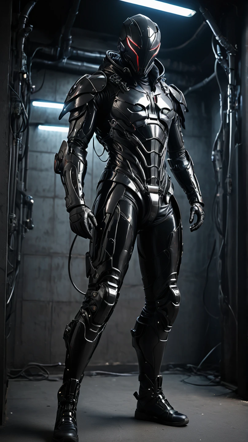 A full-body image of a muscular adult male.black leather full-body image 、and hood, a hooded person in invisible armor . wears leather armor, Tights.epic ninja suit, rogue.Leather fit to cover the whole body. smooth leather .Boy Teenage Assassin , stealth suit , cyberpunk assassin , stand on the roof of a skyscraper. . black night . Dark atmosphere .Low light.Weak lights cast dramatic shadows. Weird cyberpunk atmosphere . cyberpunk city.Futuristic tech style,robot,mecha skin,latex bodysuit .whole body image.Handheld composite mechanical giant bow.full body photo
