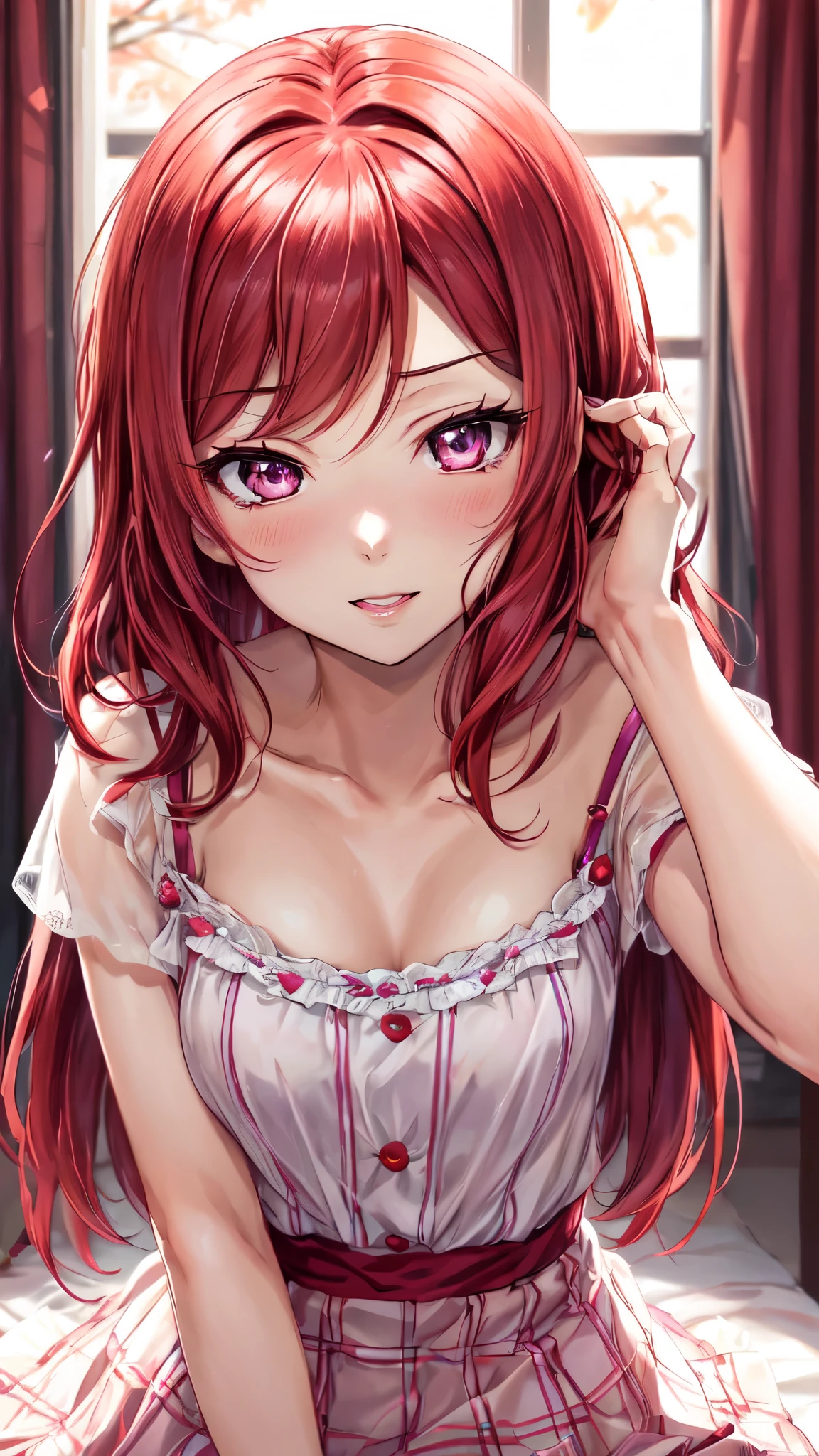 maki nishikino  from Love Live school idol project, purple eyes, beautiful face,detailed eyes, clarity eyes, short haircut , red hair, little hair 