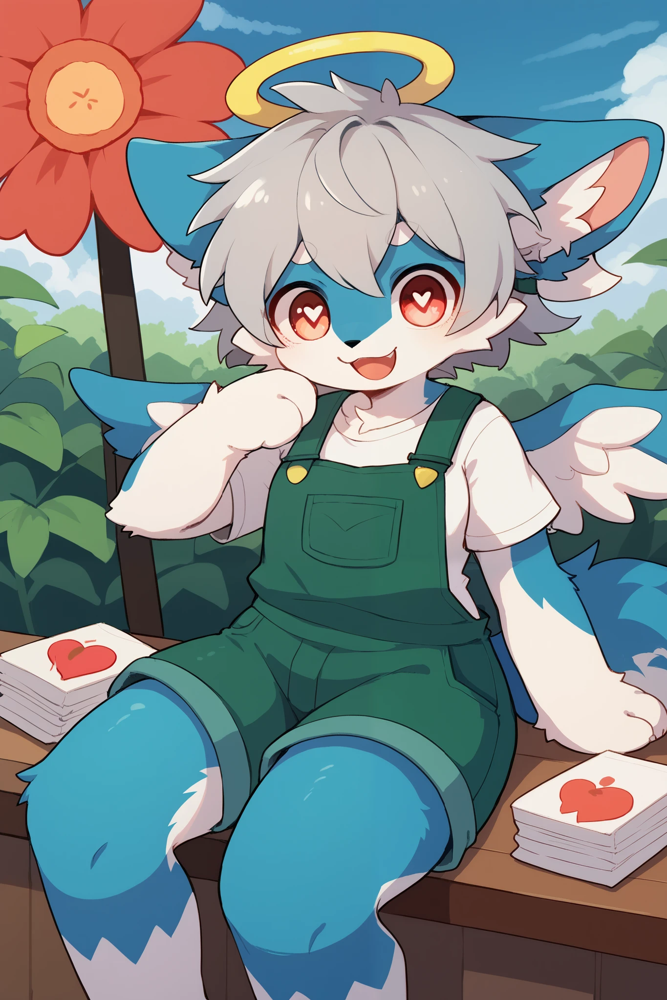     very detailedな,  very detailed,Blue fur,  gray hair,female,骨を見て  excited,Heart Eye,participate,  cute face,  sitting！,,  fluffy fur   ,   excited, Lustful Girl, angel,Beautiful sky,smile,  green overalls   ,   white t-shirt   ,Alone,Dropped ears,My mental age   ,want