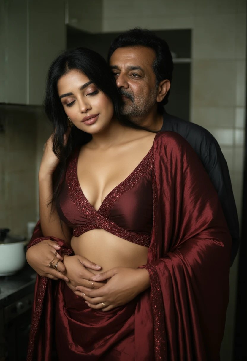 gorgeous naked Indian actress, hourglass figure, swooping breasts, deep cleavage, beautiful, pretty, glorious, red bathrobe, 4K, HD