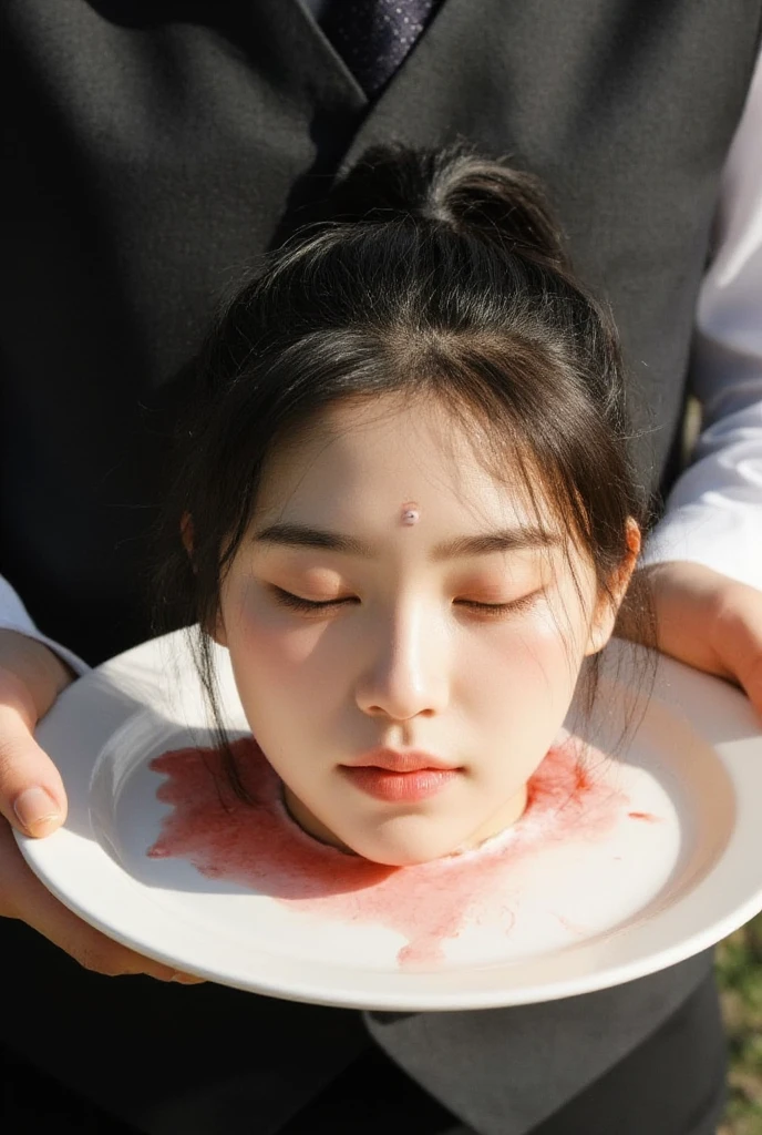 The cut off head of a beautiful actress was placed on a plate in the hands of a waiter. There are bloodstains around her neck. The severed head has a black ponytail hairstyle, There is a dot in the middle of her eyebrows, Her eyes are closed.  Her mouth slightly open ,  blush , A small nose ring, and natural makeup. The severed head shows all the details of her real face, Not a hint of a smile, Giving the impression that she is immersed in thought,Instead of being lifeless, Everything is against the background of daylight.