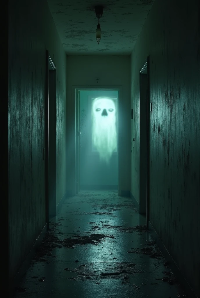 cctv footage of an extremely dark empty room with evil horror humanoid Japanese Ghost