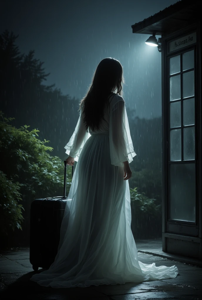 a woman, with long hair covered her face, wearing wet white oversized longdress, bought a luggage under the heavy rain in night at bus stop, dark bush in the background. 