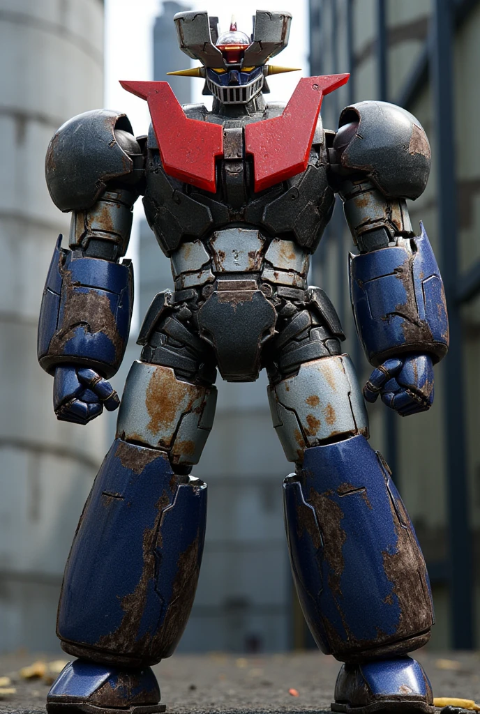   a very realistic version of the Mazinger Z ,It stands in a strong position at a height of 58 meters .  constructed with modern materials such as steel ,  Carbon Fiber ,  other industrial elements are also visible ,  just like the real thing , Rugged exterior .  Visible welds are beautifully applied to its surface , bolt, Beautiful and realistic texture ,  showing signs of wear .  Symbolic features such as the chest plate and head that emit high voltage currents have been carefully reproduced.  set in a modern industrial environment ,  the appearance of Mazinger Z standing around ,  illuminated by natural light 、 huge structures highlighted with realistic shadows . 