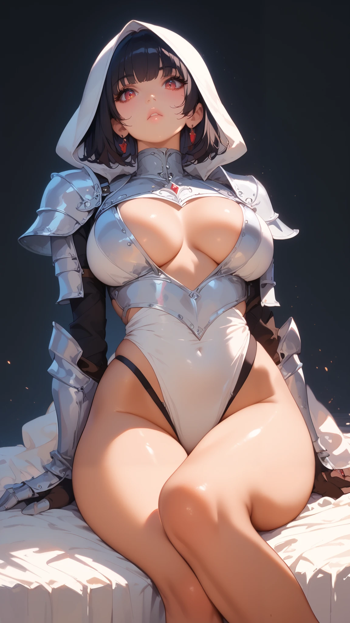 Highest quality、((One ))、Very pale golden short bob、Orange eyes、Yandere face、((((Being too thin))))、No background、((Loli Big Ti、((BR the chest is big))、((Too big breasts))