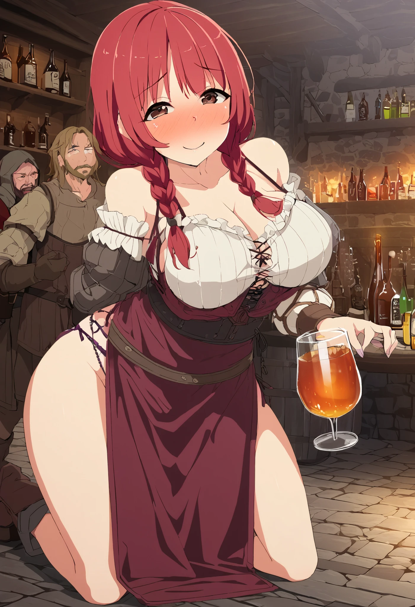 ( 1 woman 1 man ),attractive mature medieval peasant woman,  sexy underwear , breasts, straight red hair,  sensual look, brown eyes, in a tavern, inn, erotic, sensual, Milf, ecchi,  shy expression, medieval tavern, Smile shame,  perfect body, blush, shameless, daring, tanga daring, ,pose of please stop,  full body hair drill, She is accompanied by a medieval man, Alcoholic drinks, dislike orgasm, Slim body,  better quality, 4k,