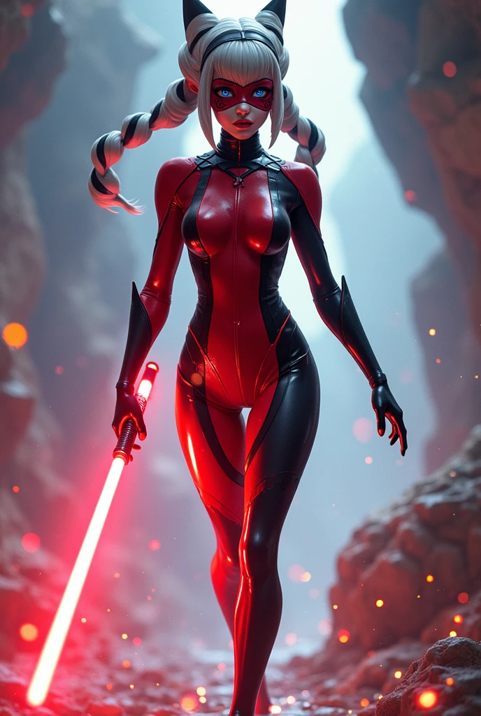 8K uhd, materpiece, a beautiful girl, detaild eye, good face, detaild eyebrow, cyberpunk outfit,RED outfit, cyberpunk, Cyberspace, cyberpunk shining background, neon effect, Spreading lighting, red lighting, whole body capture,full body,big tits ,big tits,robotic clotges,ALL RED,robotic