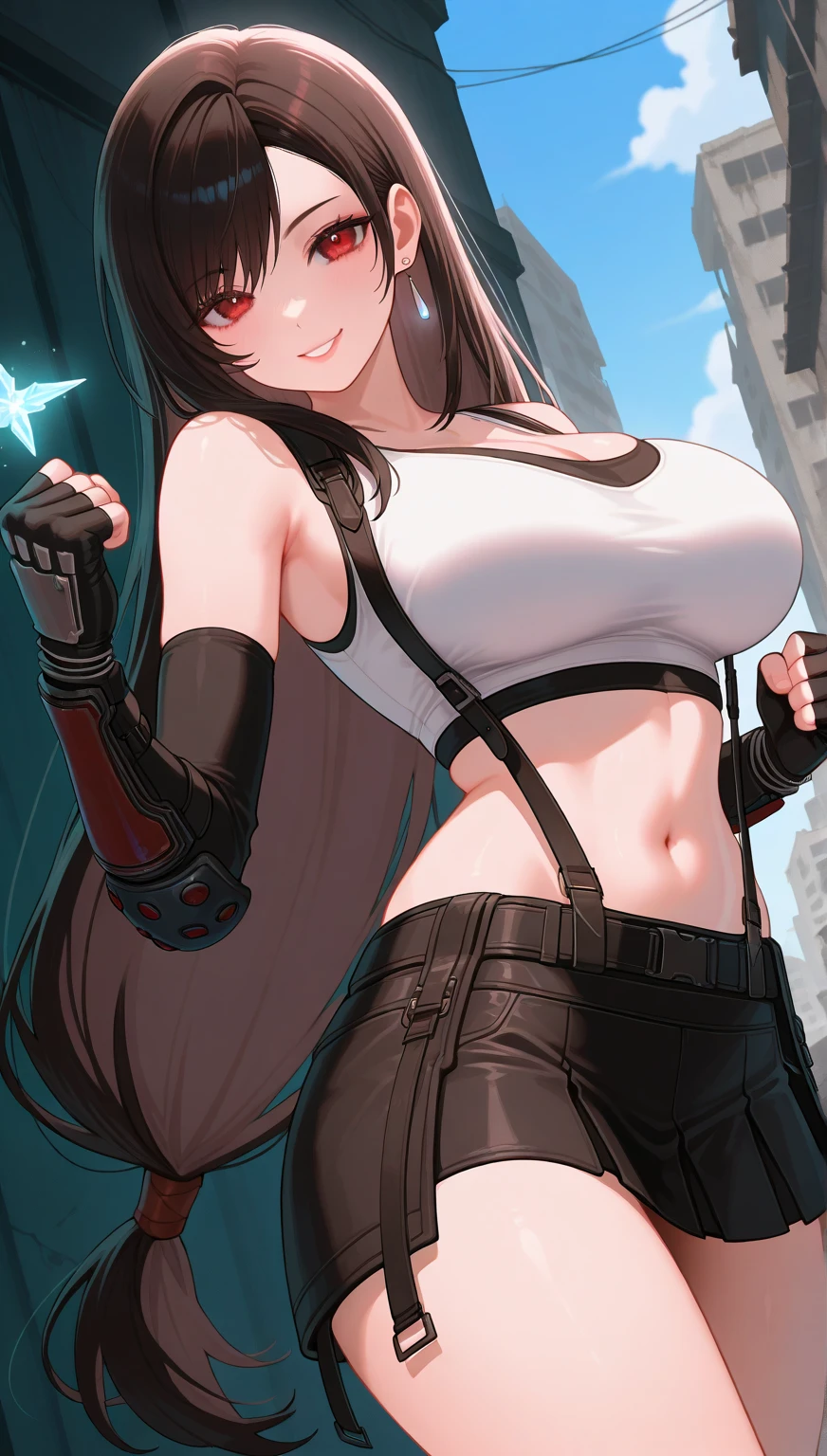 (masterpiece), (portrait), big breasts (aesthetics), ((1 female 21 years old)), Highlight earrings), ((long hair)), ((Hot crystal black hair)), ((Tifa Lockhart)) straight hair, thin eyes open, red eyes, cute, naughty smile, woman, feminine, beautiful, female features, top, high quality, aesthetic clothing, professional angle, (rule of thirds), (feminine), (feminine), (feminine), (beautiful) , (female ) features), solo, (Korean attractive), summer, (ink haze), (afternoon), (vibrant light), seductive posture, ((face looking forward))), Tifa Lockhart, mini skirt, suspenders, strap tank top, long leather gloves, sensual ((Energy)), (Bold Makeup), (Big Breasts), Fair Skin, (Clothes with Hip Hop Details), (a hot Tifa Lockhart, sculptural body, clenched fists, fighting pose), (Sleep Neckline), Beautiful Hands, Body beautiful, beautiful ears, beautiful eyes, bright eyes, beautiful mouth, beautiful lips, abandoned building, all trickery