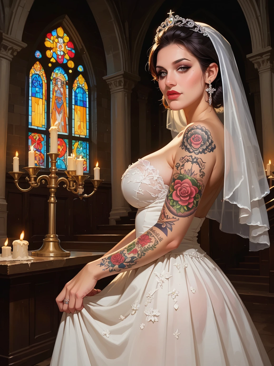 score_9, score_8_up, score_7_up, cartoon of Notte,  altar of a ruined church , una bellissima donna dai capelli rossi lunghissimi, seductive gaze, sorriso civettuolo, standing next to the altar ,  wears only a long transparent lace wedding veil that covers her body covered by tattoos. è notte, The light comes from candles that illuminate it from behind and from the side. A light mist rises from the floor . front view.