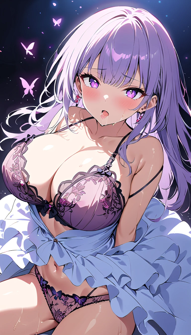 ((Delicate Embroidered Bra 、 transparent purple and dark pink butterfly pattern :1.4)、(  Delicate Embroidered Panties 、 transparent purple and dark pink butterfly pattern:1.4))  composition from above、Pillar of Light、thunder、Desolate Background、（short gray hair :1.1）、 pee、saliva、パンティーが  wet 、. orgasm.. hollow eyes, saliva,   open mouse、 turn your arms around your back、薄白hair、Open Leg.sweat、  wet 、 climax face reaching that butt 、（  squats、 open legs:1.9）.（ Transparent Pastel Milk-Colored Lingerie  :1.9）（Big Breasts:1.9）、nsfw.whole body、  squat、 Constructed directly from above  、nsfw. pastel whiteside up hair、 Please implement it below  .（   A Nasty Depiction of Speed Seen from Above  :1.8）、   dynamic pose 、   Movie Scene  、Illuminated、 Atomic Punk .beautiful face drawing、  Delicate gaze depiction   、  undivided composition    、.（Big Breastsにフォーカス:1.5）、Big Breasts、  masterpiece ,   top quality, Raising awareness, （   One Girl  :1.1）,  cute, ( Dynamic Lighting :1.5),   movie lights,   Elegant Features  ,   Details of an eye falling off her shoulder  ,    sharp pupils,     Sharp Concentration , (   very detailed bust , soft glow:1.4),    Lots of Tiny Gems   , ((length_hair))),    earrings 、前hair、Transparent design。   The light source is gentle light from the front ....、  the overall atmosphere is bright and clean  ....。